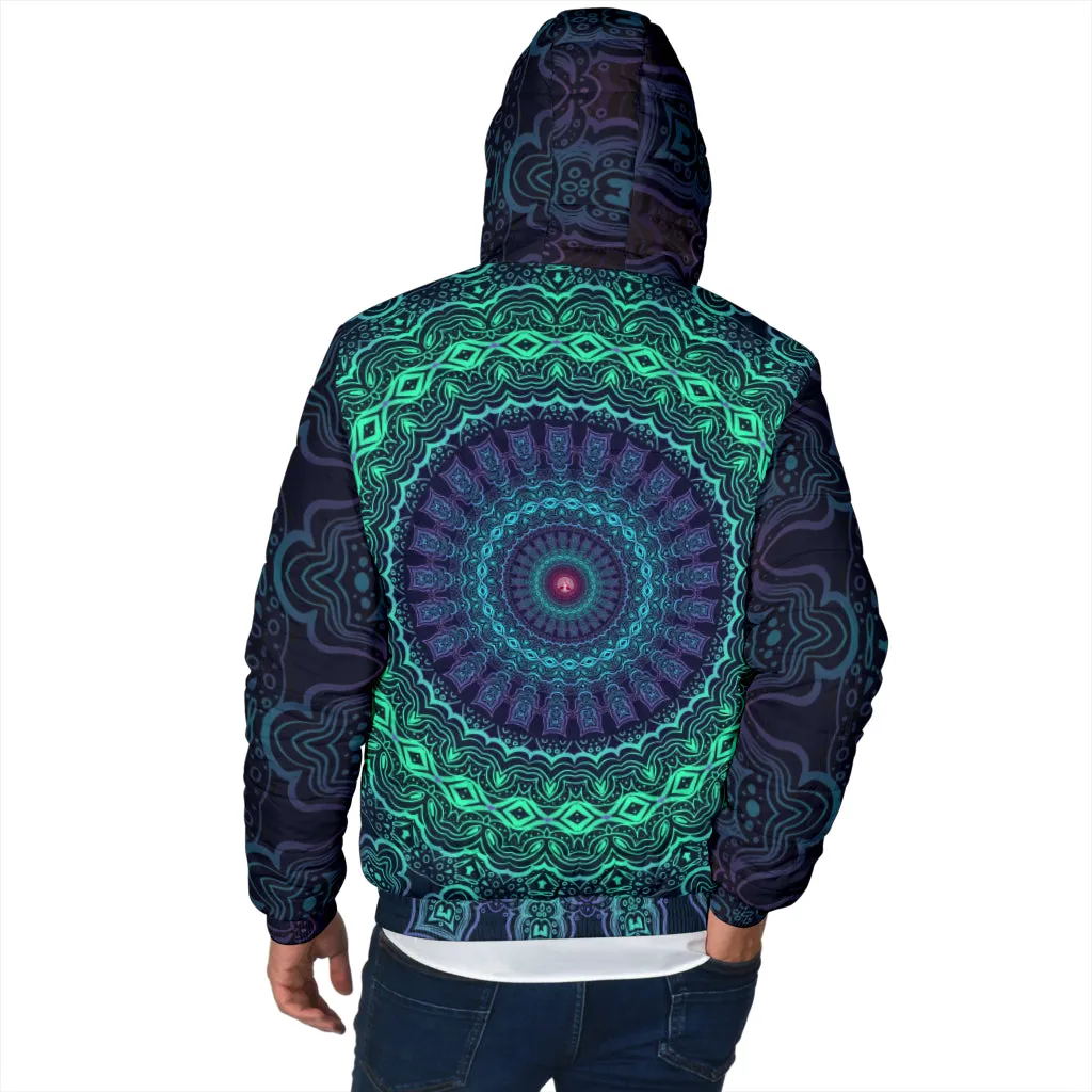 Trippy Mandala Mens Padded Hooded Jacket | Cameron Gray