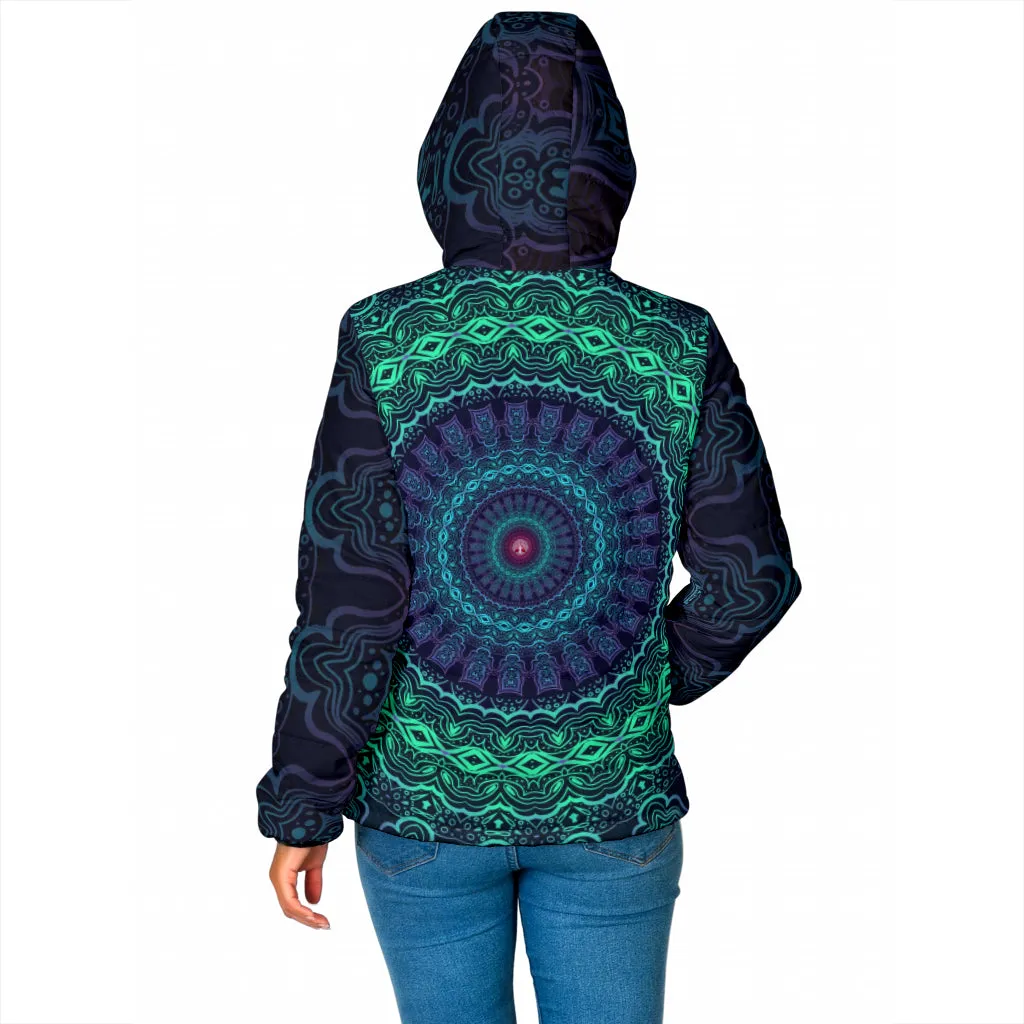 Trippy Mandala Womens Padded Hooded Jacket | Cameron Gray