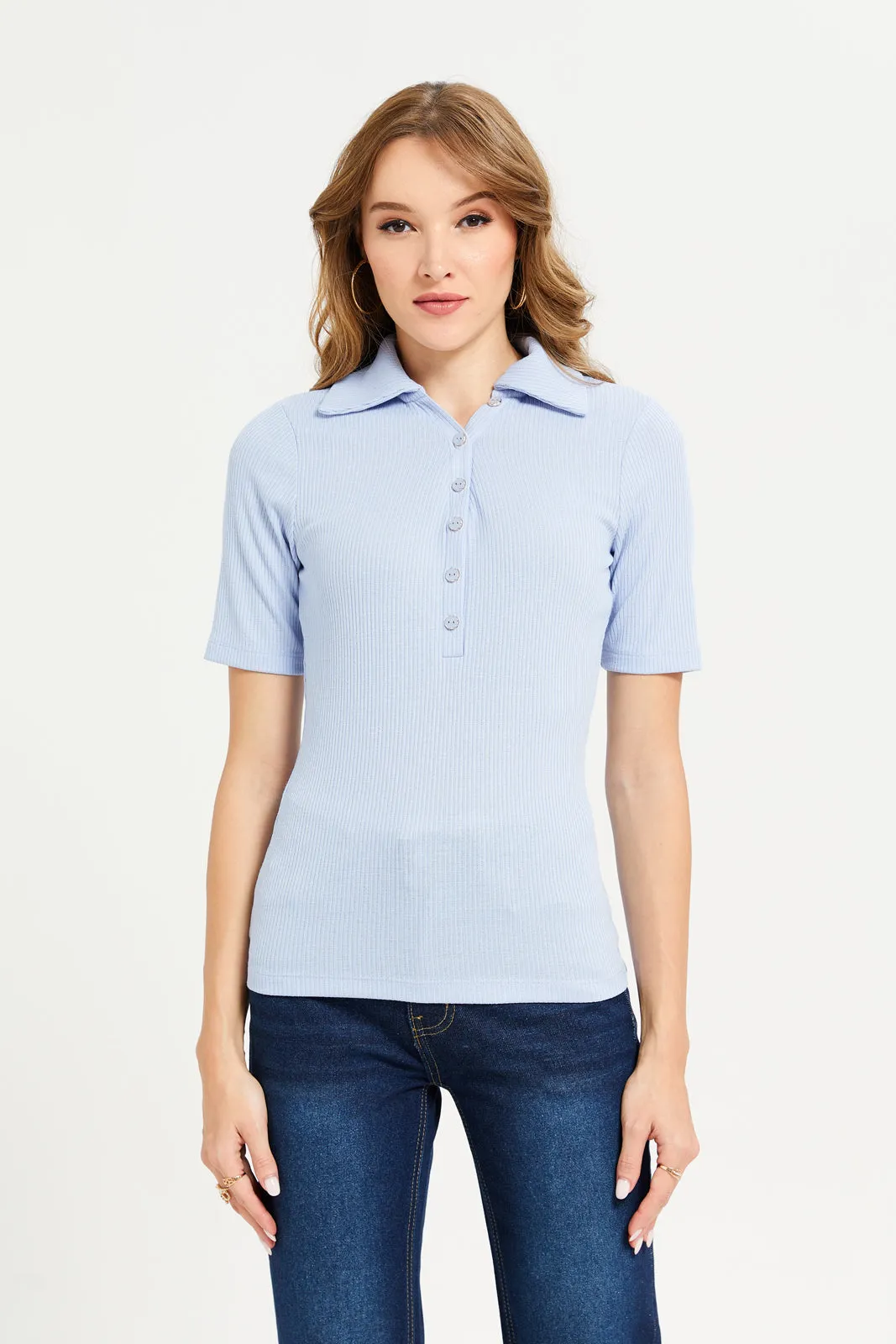 Women Blue Rib Collared Top